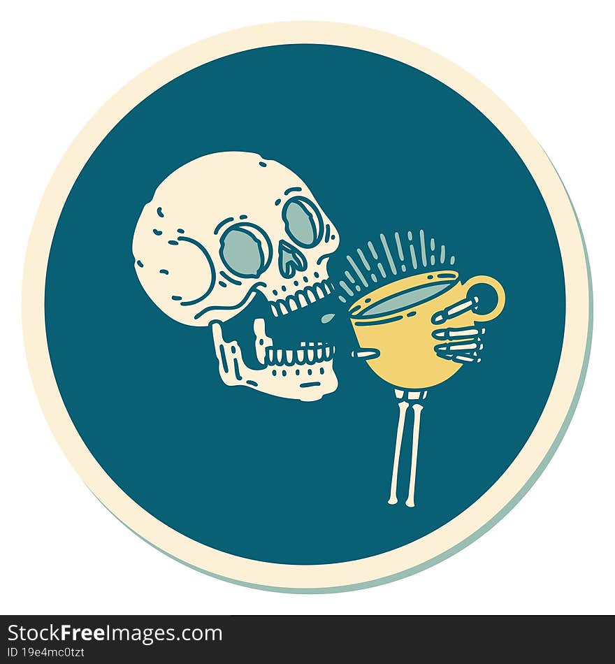 Tattoo Style Sticker Of A Skull Drinking Coffee