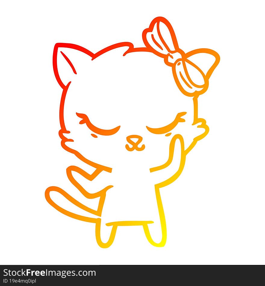 warm gradient line drawing of a cute cartoon cat with bow