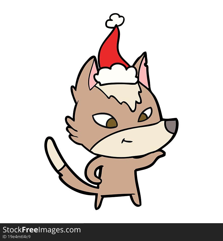 Friendly Line Drawing Of A Wolf Wearing Santa Hat