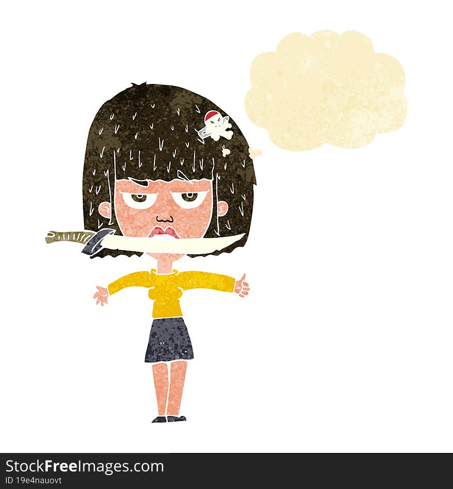 cartoon woman with knife between teeth with thought bubble