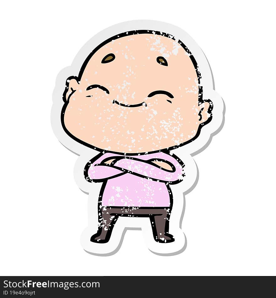 distressed sticker of a happy cartoon bald man