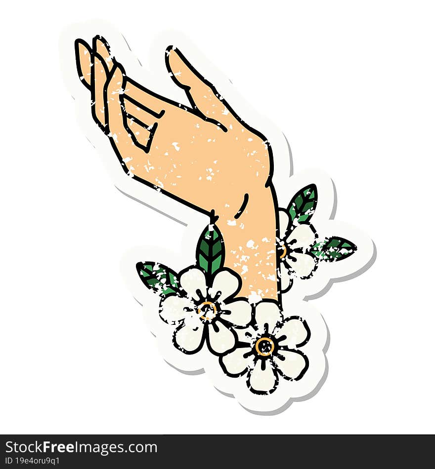 traditional distressed sticker tattoo of a hand