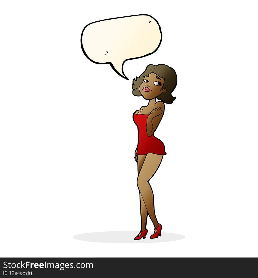 Cartoon Attractive Woman In Short Dress With Speech Bubble