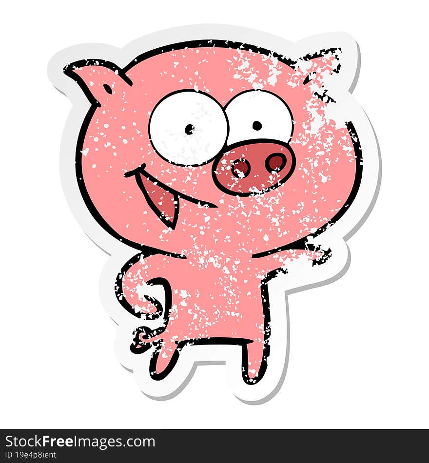 distressed sticker of a cheerful pig cartoon