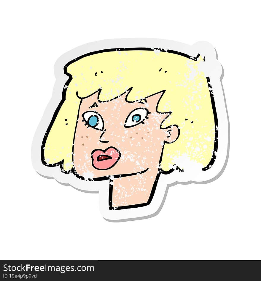 retro distressed sticker of a cartoon pretty female face