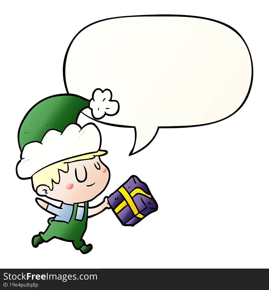 cartoon happy christmas elf and present and speech bubble in smooth gradient style