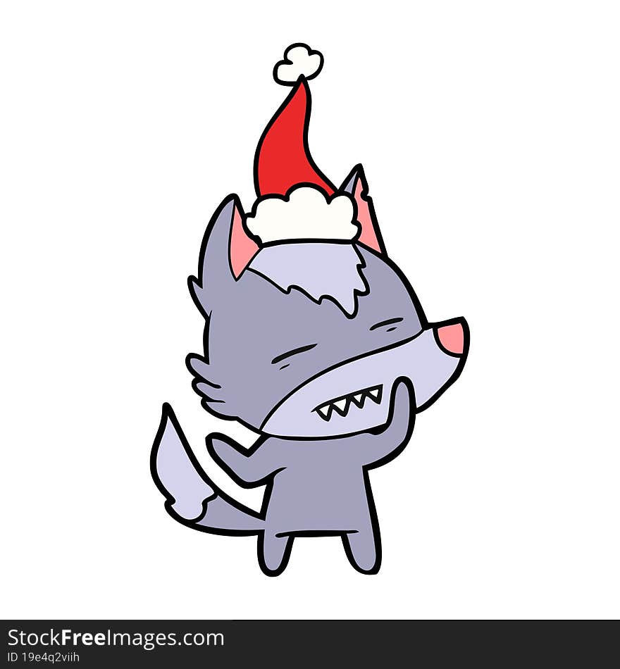 hand drawn line drawing of a wolf showing teeth wearing santa hat