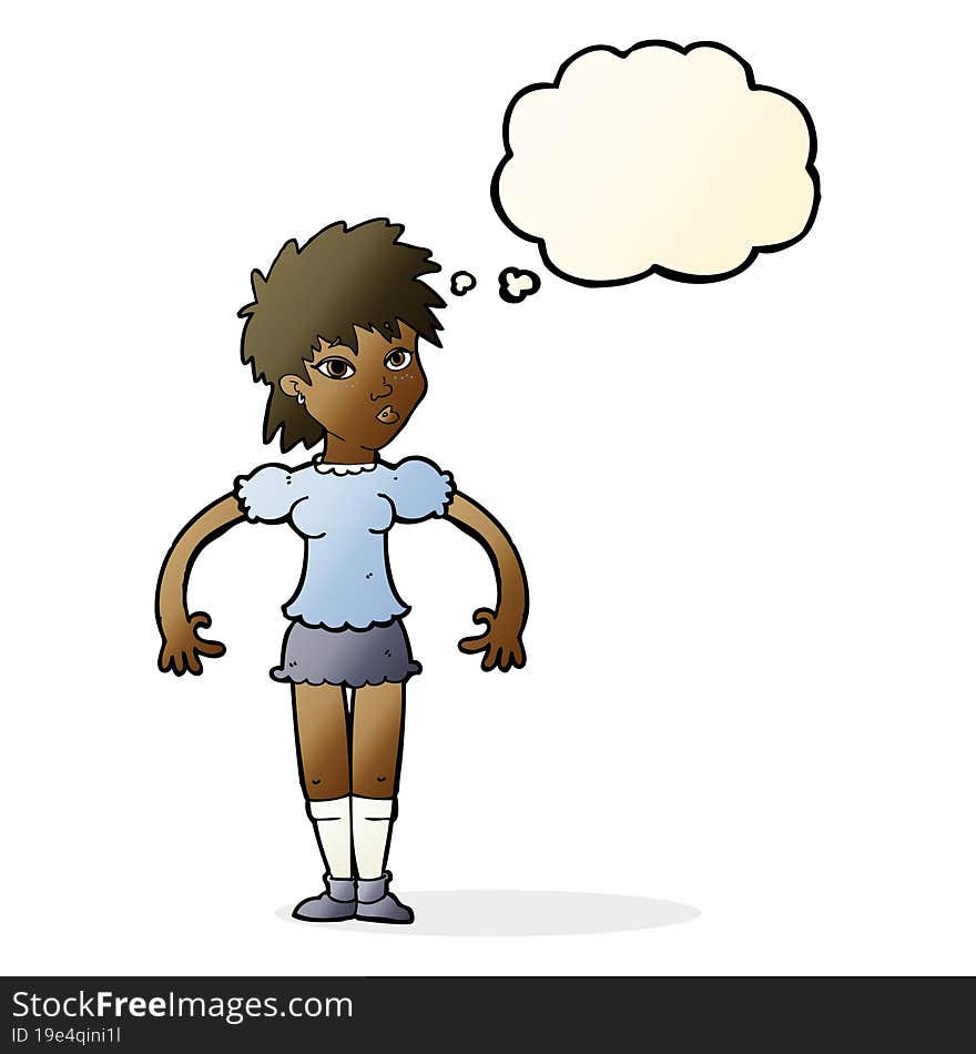 cartoon curious woman with thought bubble