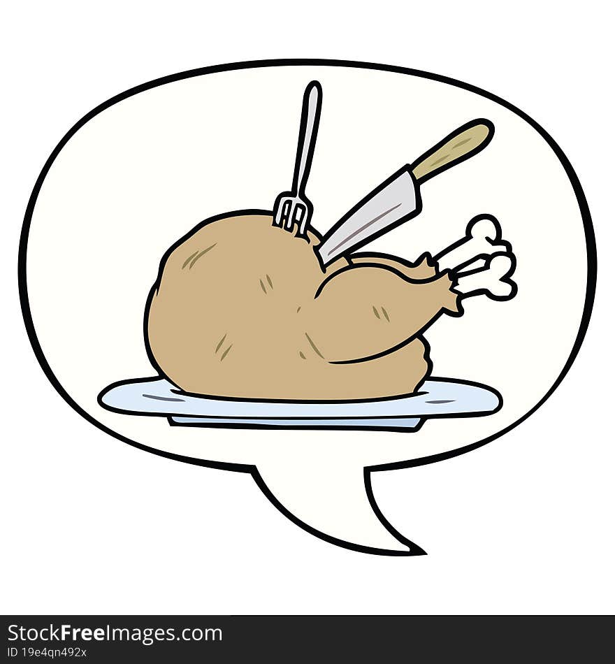 cartoon cooked turkey being carved and speech bubble