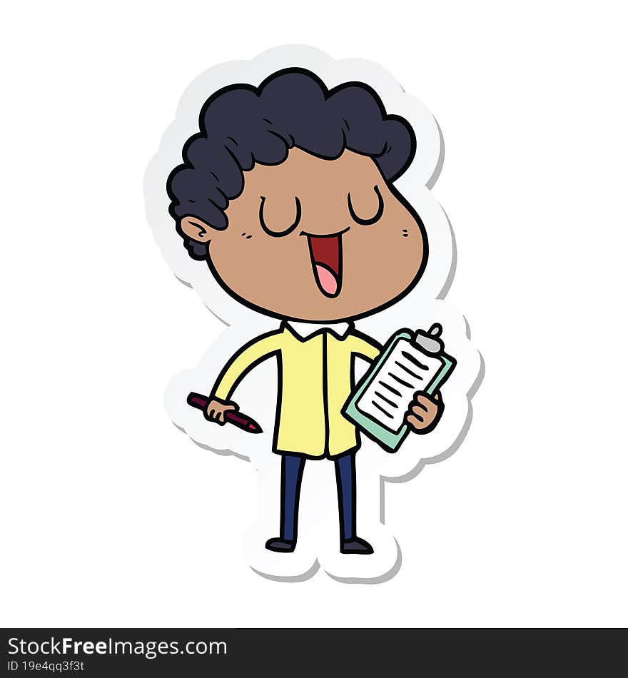 sticker of a laughing cartoon man with clipboard and pen