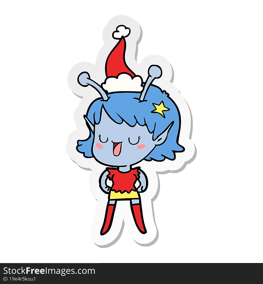 happy alien girl sticker cartoon of a wearing santa hat