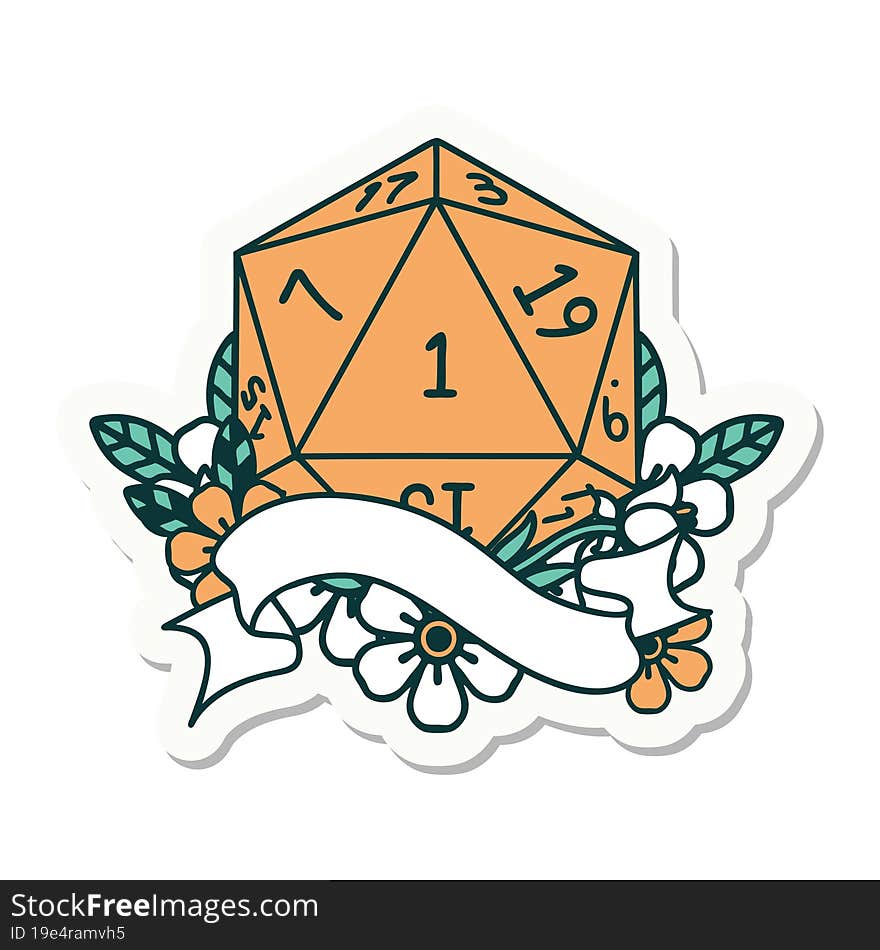 sticker of a natural one d20 dice roll. sticker of a natural one d20 dice roll