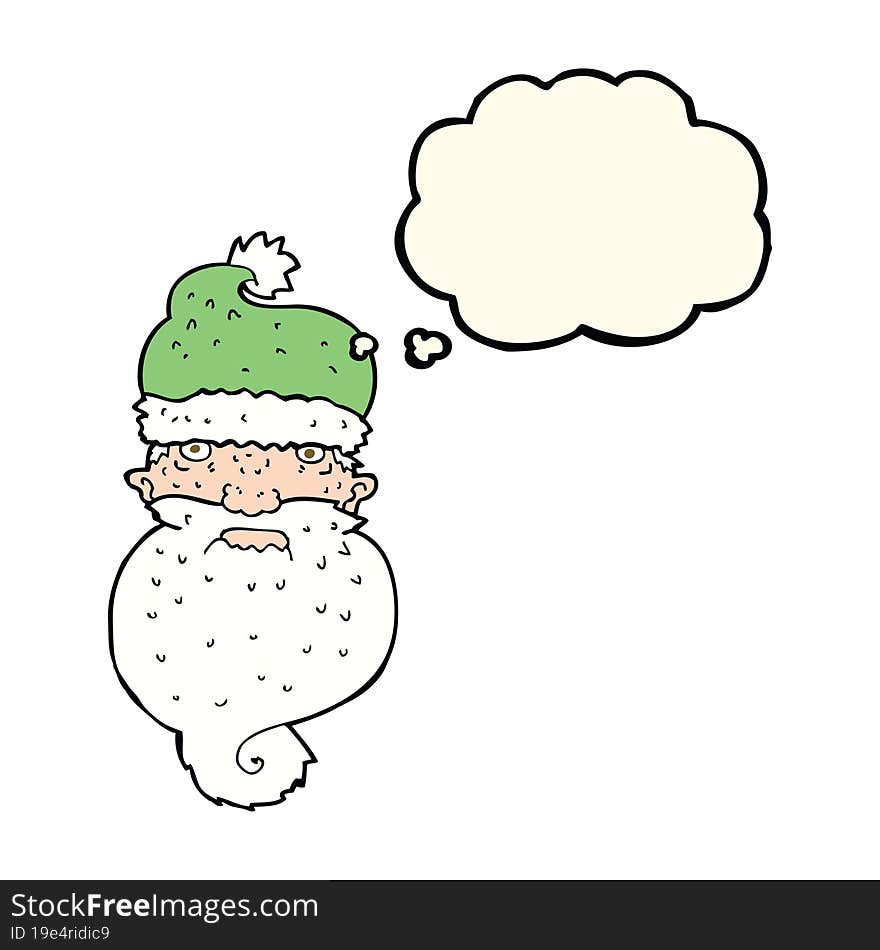 cartoon grim santa face with thought bubble