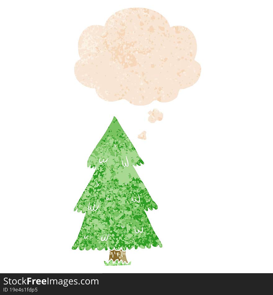 cartoon christmas tree and thought bubble in retro textured style