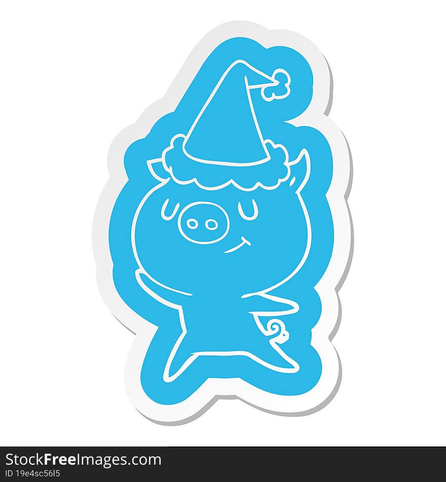 happy cartoon  sticker of a pig wearing santa hat