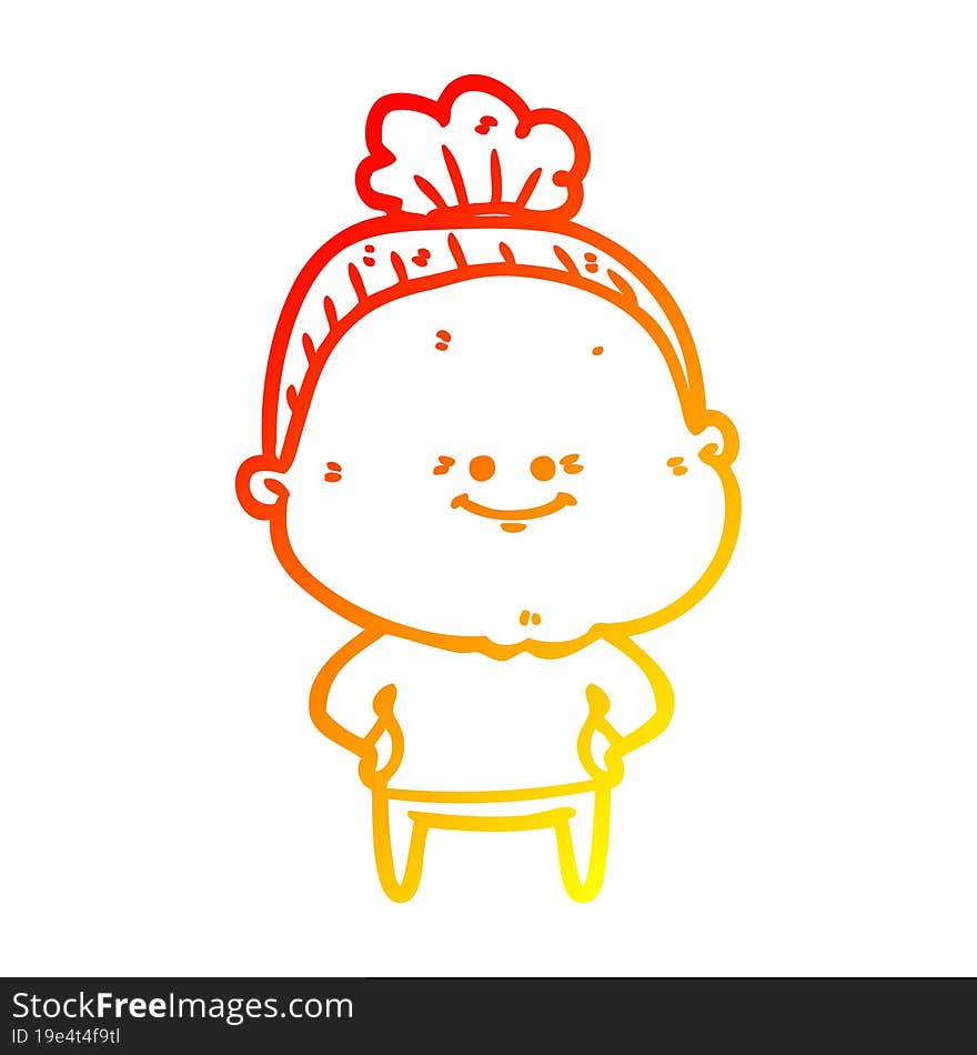 warm gradient line drawing of a cartoon happy old woman