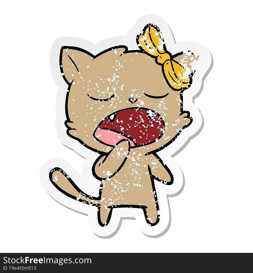 Distressed Sticker Of A Cartoon Yawning Cat