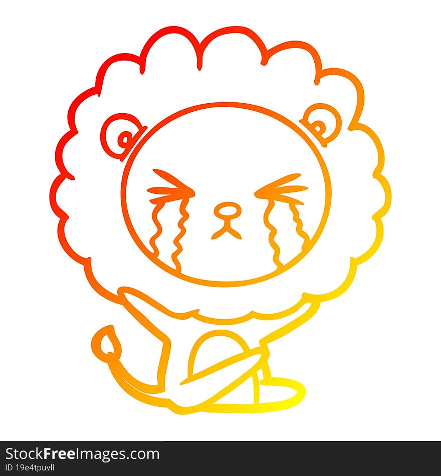 warm gradient line drawing of a cartoon crying lion