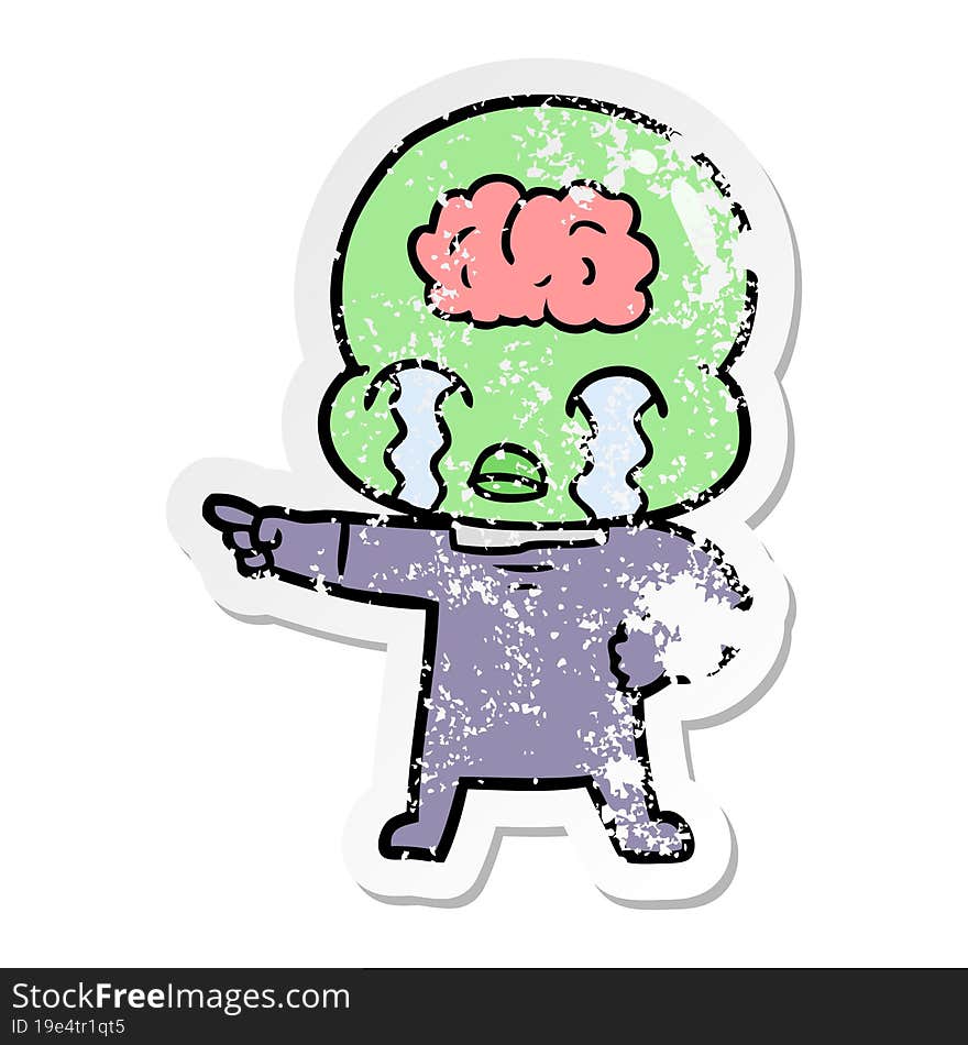 distressed sticker of a cartoon big brain alien crying and pointing