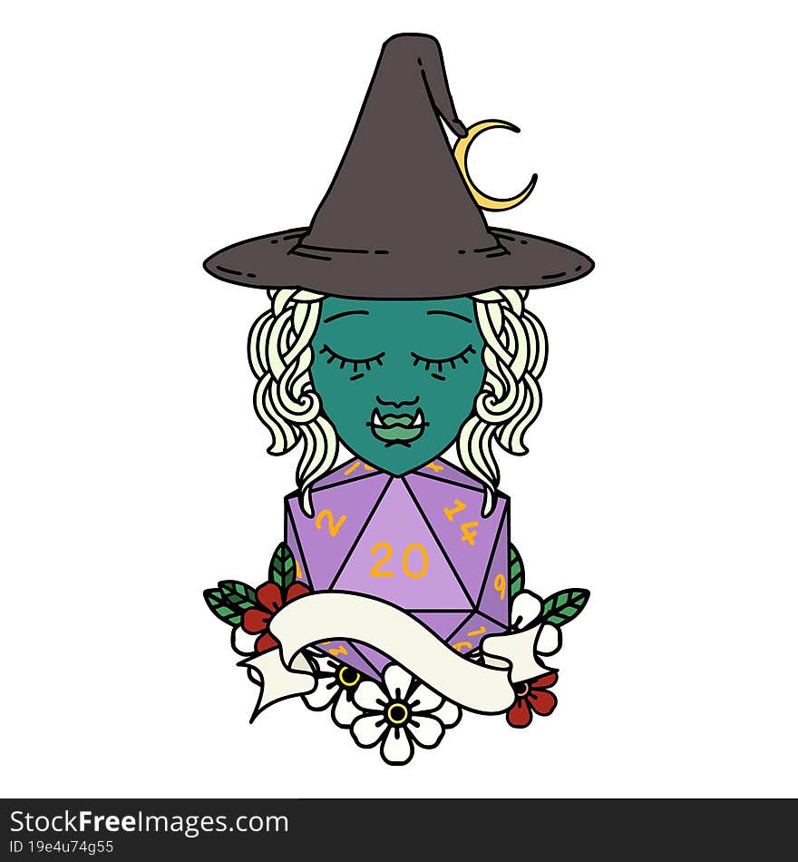 Half Orc Witch Character With Natural Twenty Dice Roll Illustration