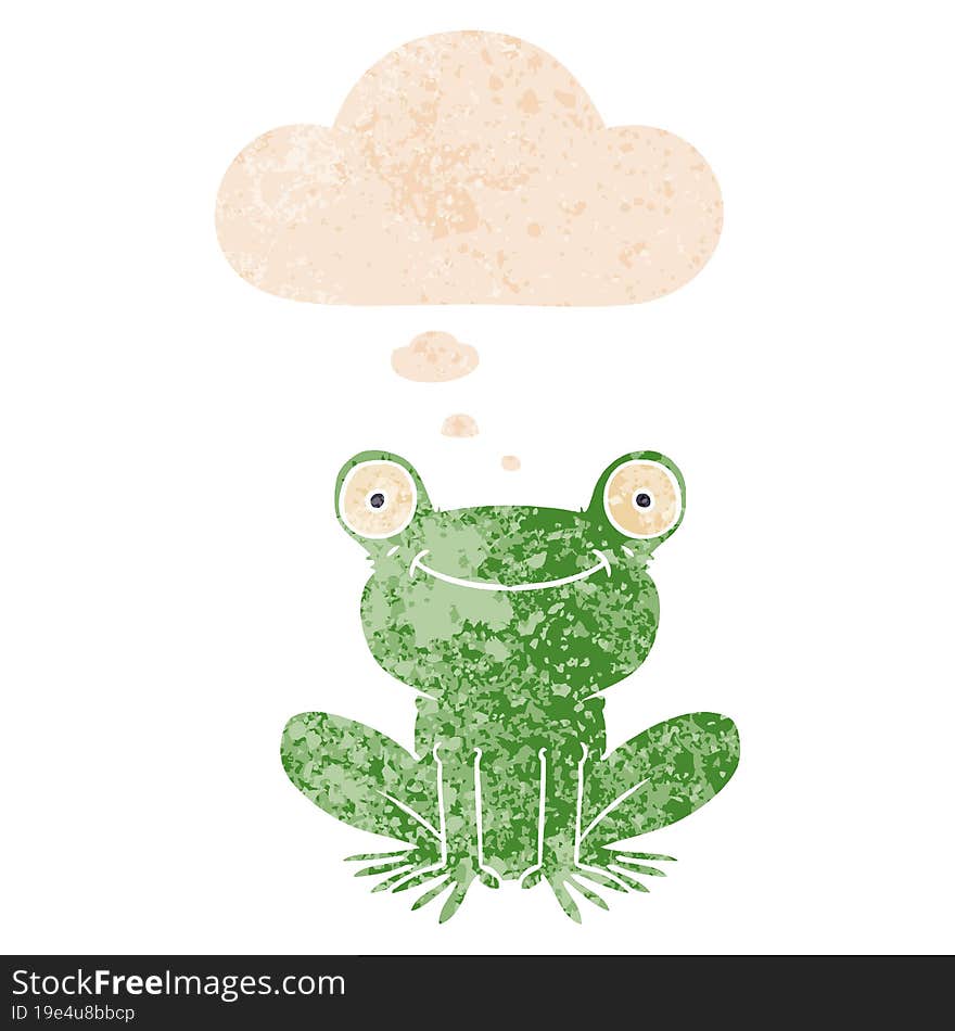 cartoon frog and thought bubble in retro textured style