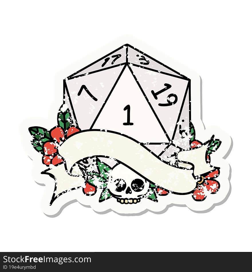 grunge sticker of a natural one d20 dice roll. grunge sticker of a natural one d20 dice roll