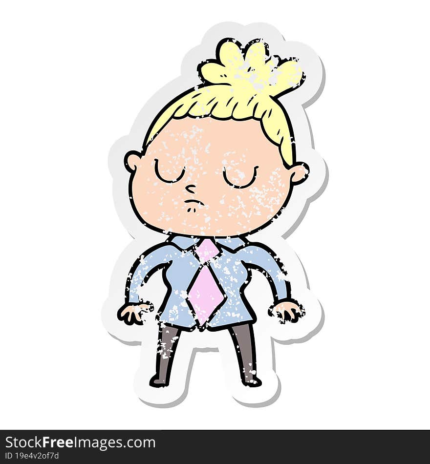 Distressed Sticker Of A Cartoon Calm Woman