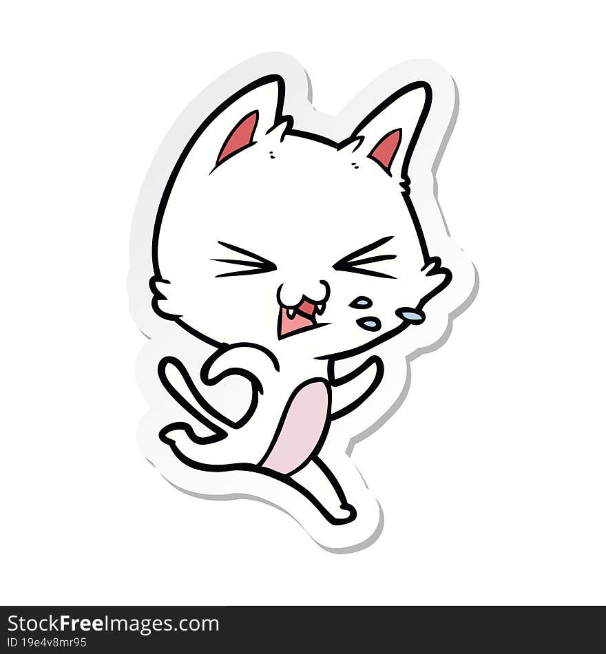 Sticker Of A Cartoon Cat Hissing