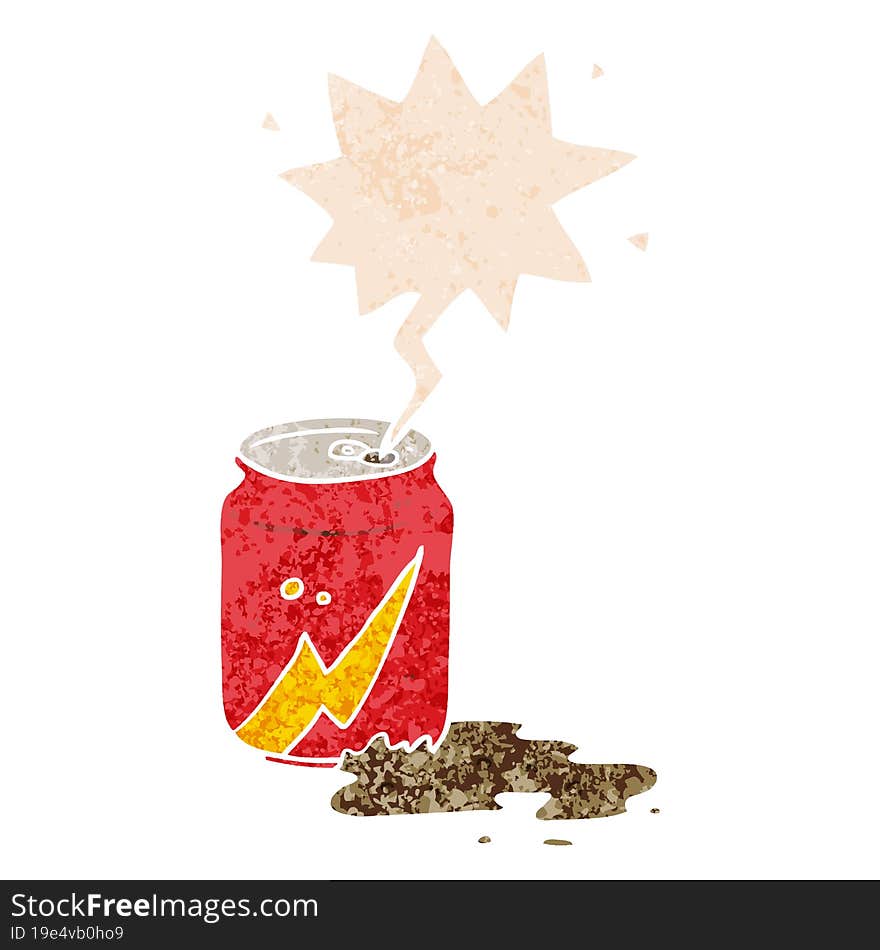 cartoon soda can and speech bubble in retro textured style