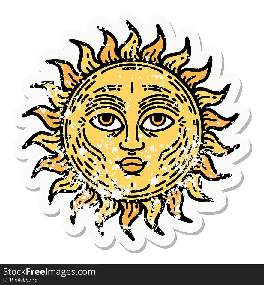 distressed sticker tattoo in traditional style of a sun with face. distressed sticker tattoo in traditional style of a sun with face