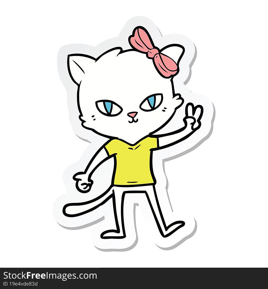 sticker of a cute cartoon cat girl giving peace sign