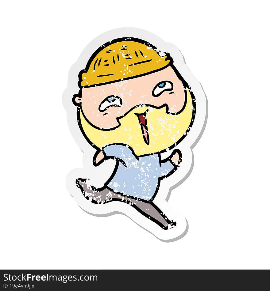 distressed sticker of a cartoon happy bearded man