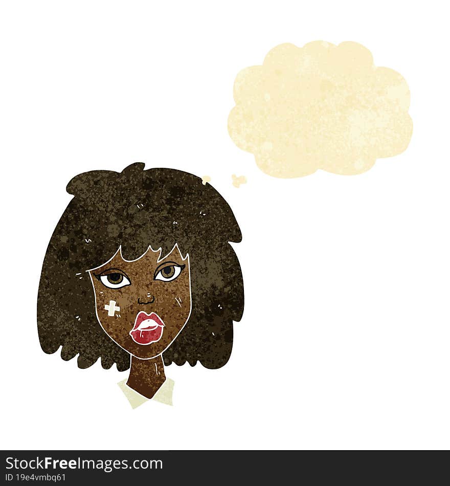 cartoon woman with bruised face with thought bubble