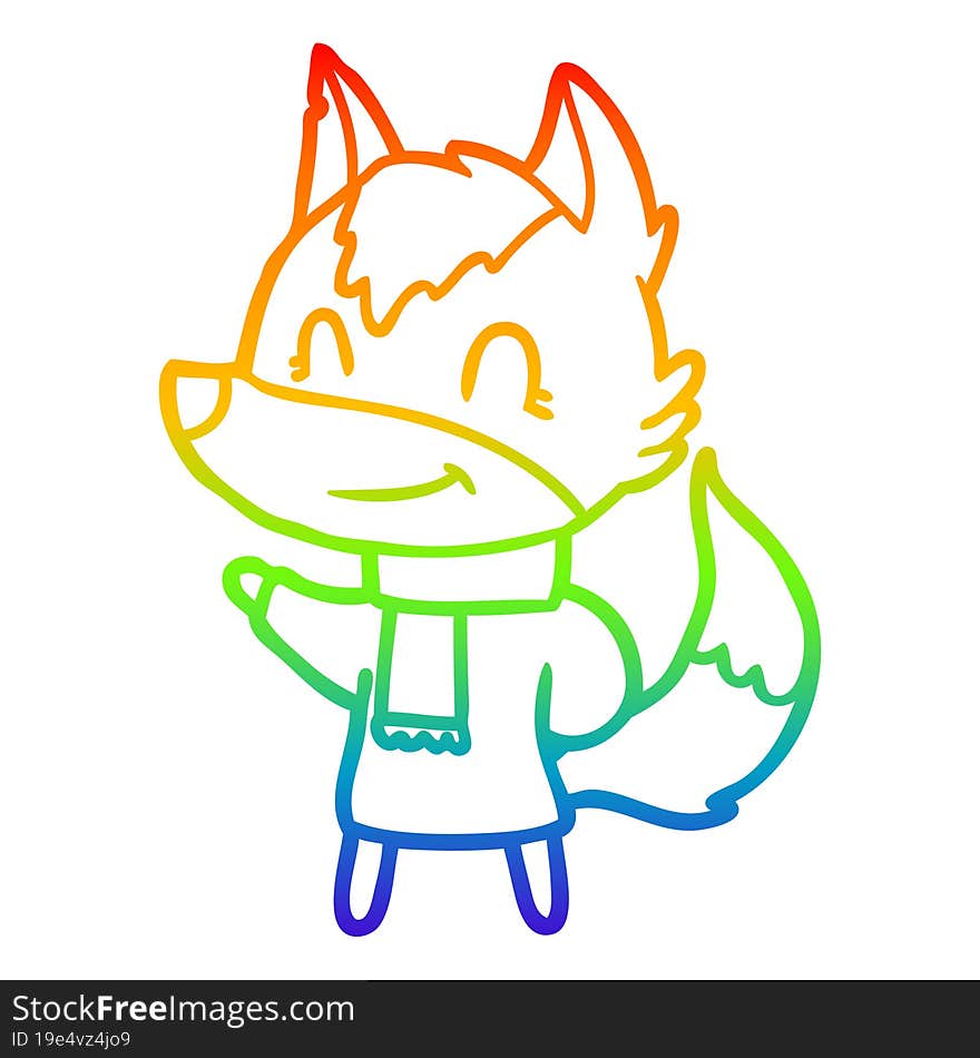 rainbow gradient line drawing friendly cartoon wolf in winter clothes