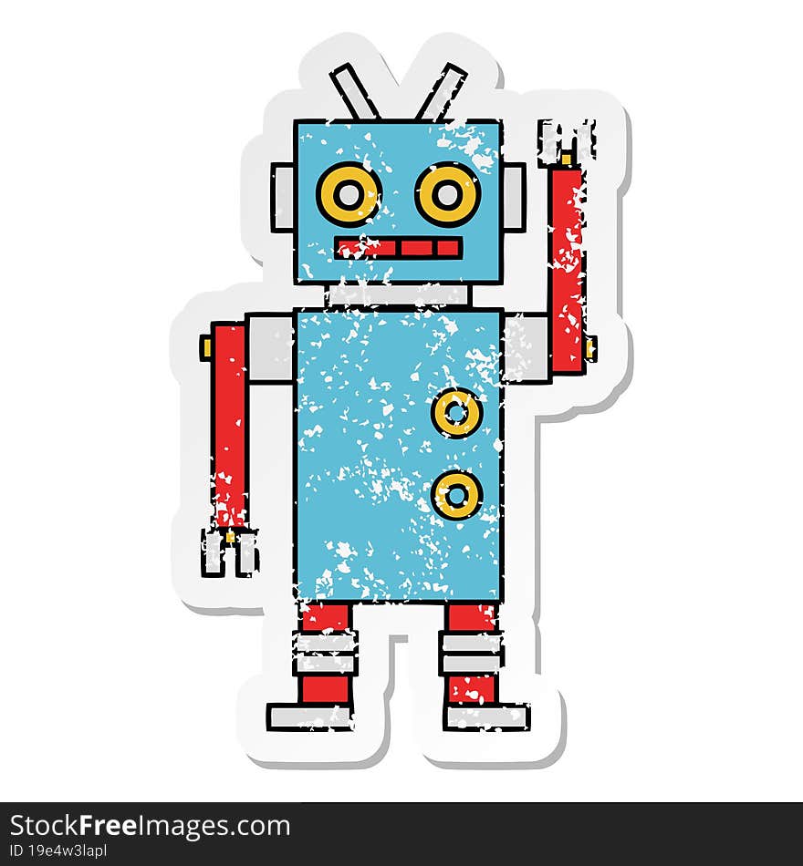 distressed sticker of a cute cartoon dancing robot