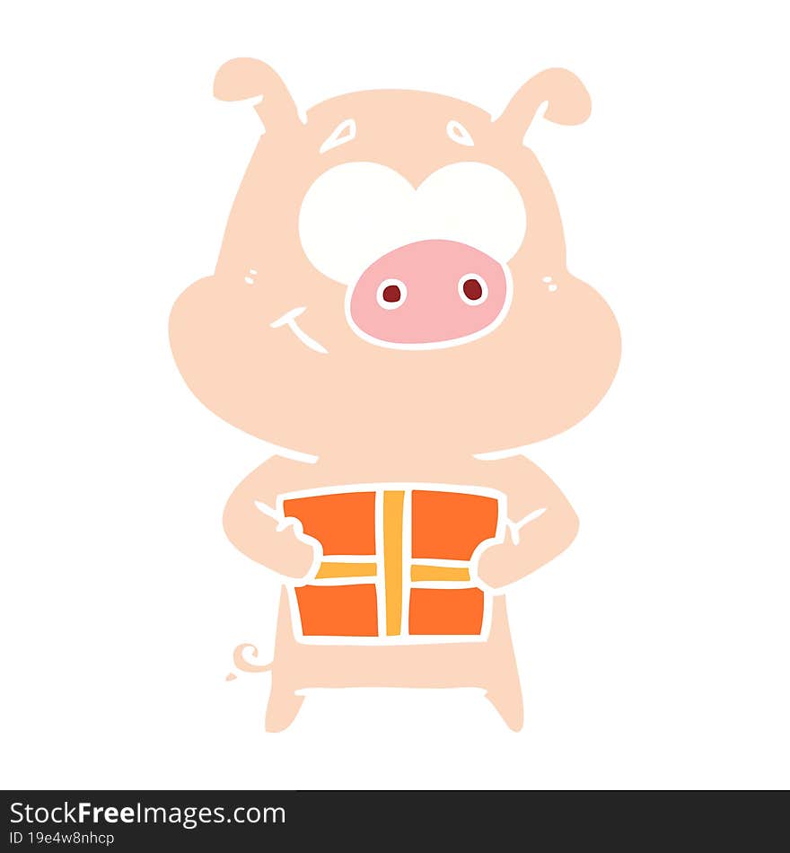 happy flat color style cartoon pig holding christmas present