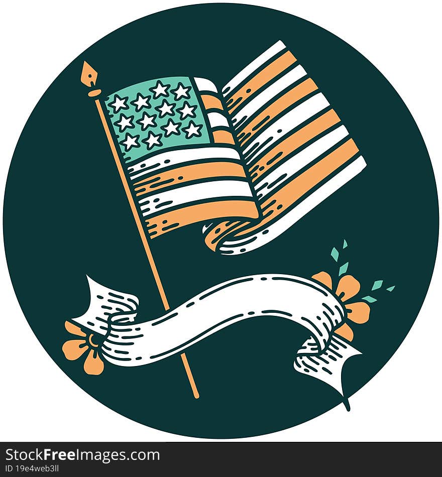 tattoo style icon with banner of the american flag