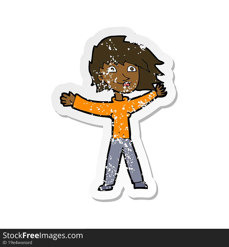 retro distressed sticker of a cartoon excited woman waving