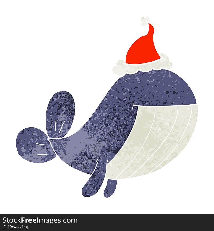 retro cartoon of a whale wearing santa hat