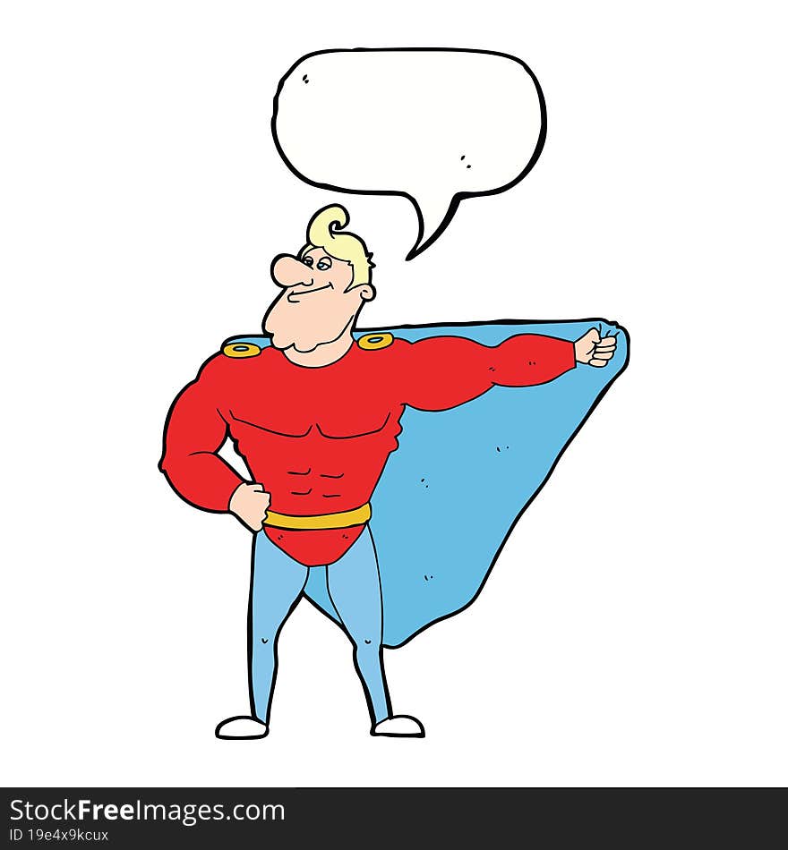 funny cartoon superhero with speech bubble