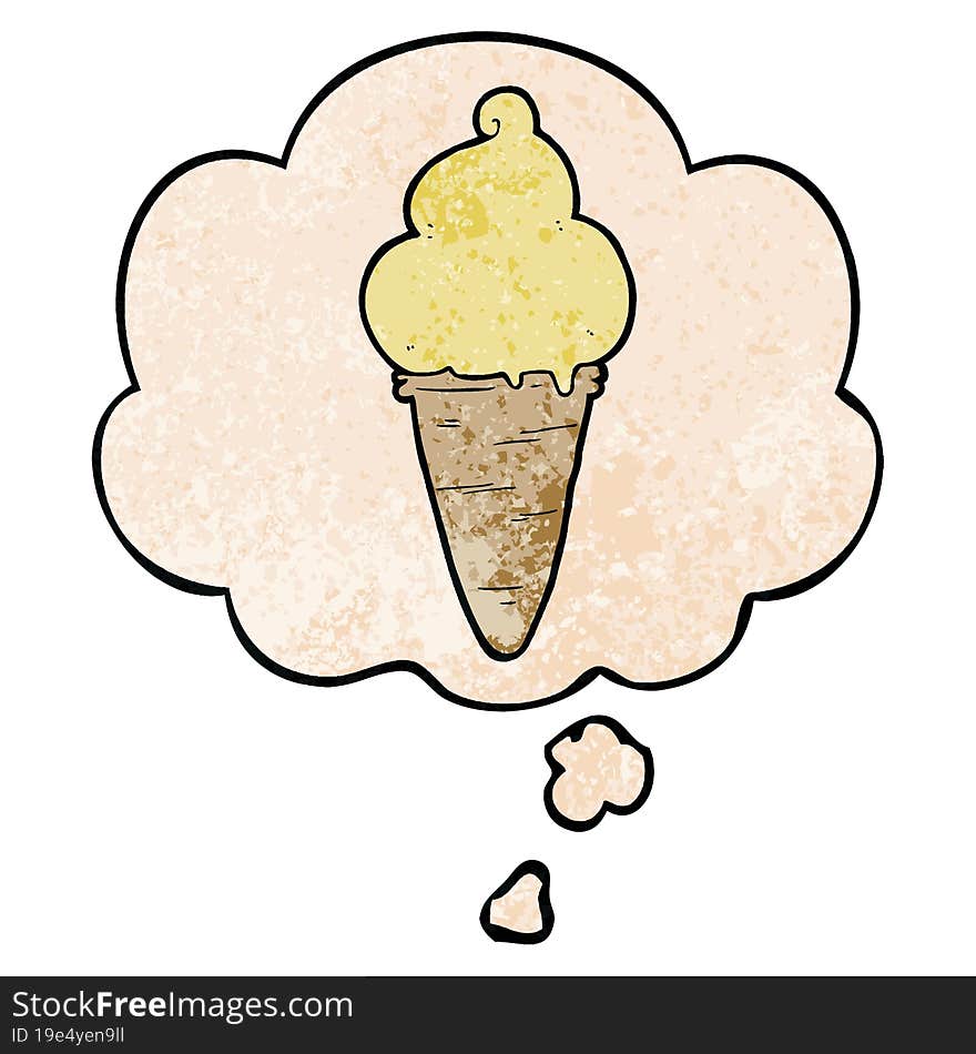 Cartoon Ice Cream And Thought Bubble In Grunge Texture Pattern Style