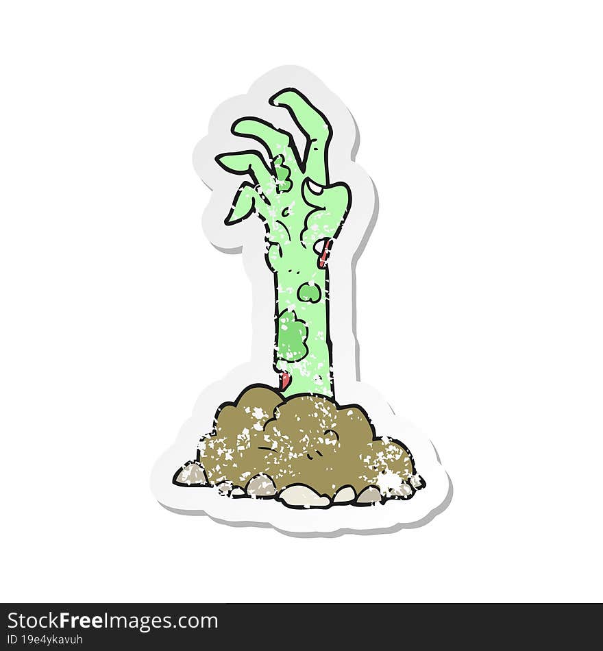 retro distressed sticker of a cartoon zombie hand rising from ground