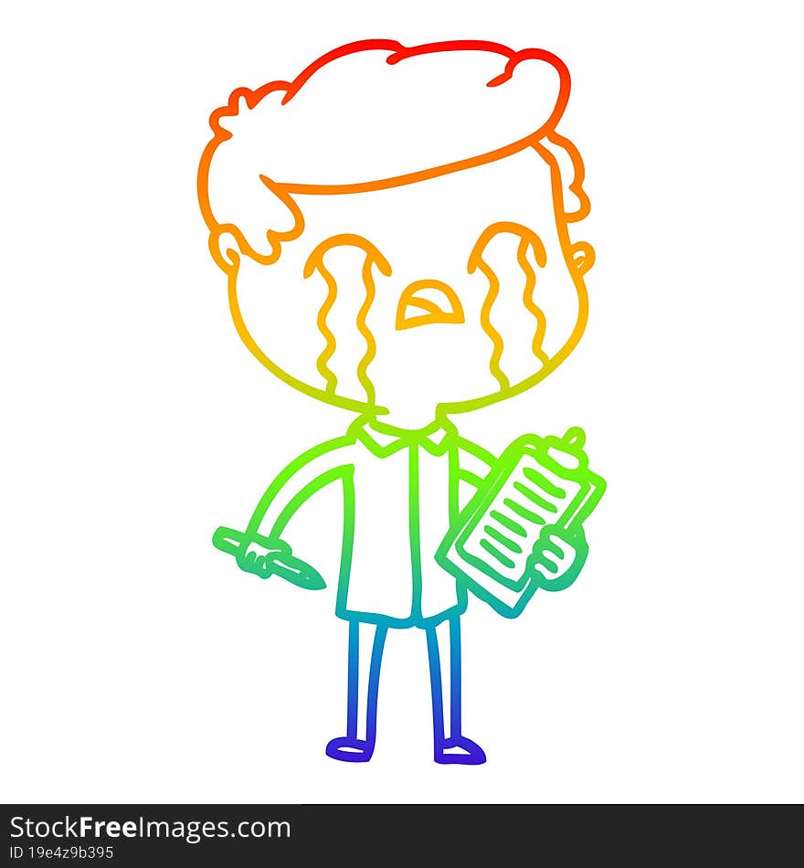 rainbow gradient line drawing cartoon salesman crying