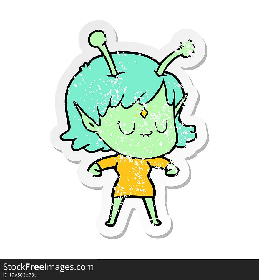 distressed sticker of a cartoon alien girl