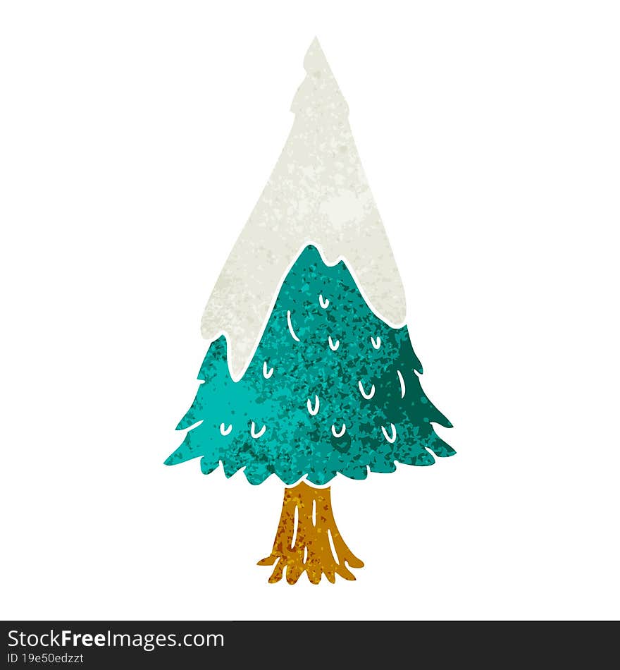 hand drawn retro cartoon doodle single snow covered tree