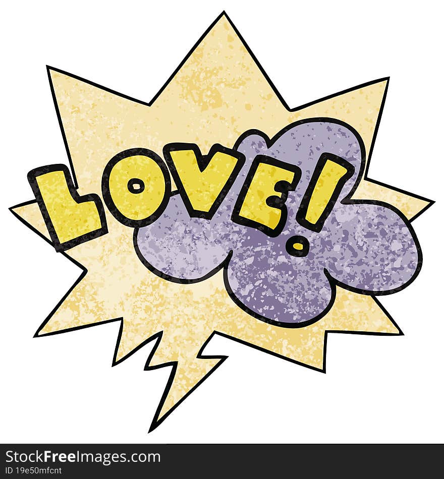 cartoon word love and speech bubble in retro texture style