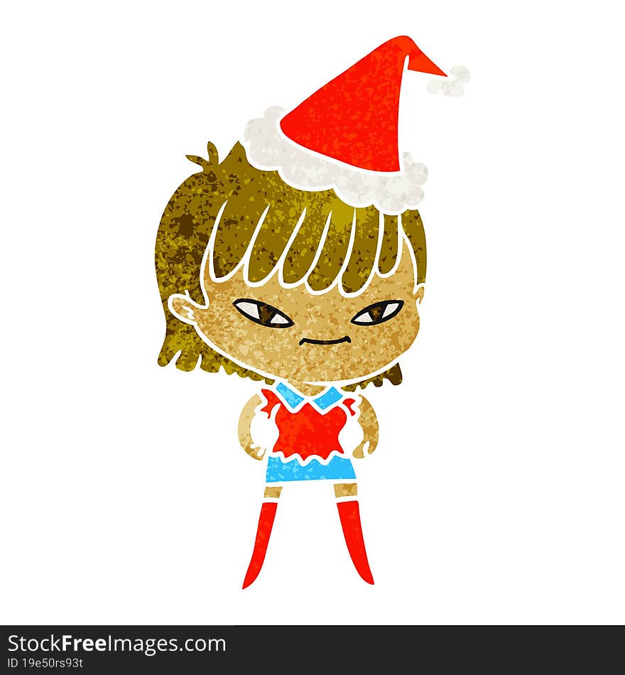 hand drawn retro cartoon of a woman wearing santa hat