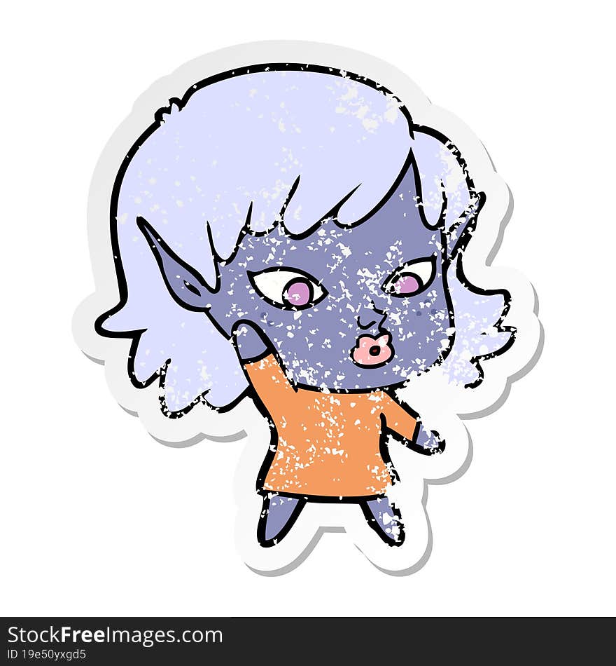 distressed sticker of a pretty cartoon elf girl