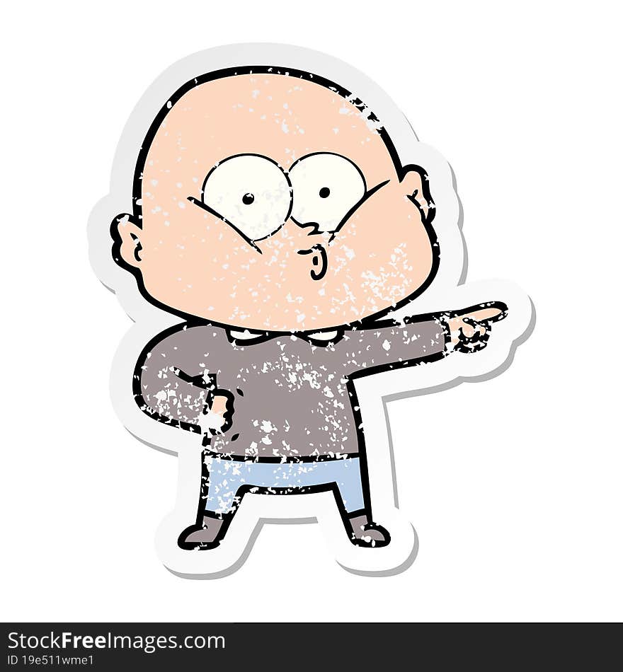 distressed sticker of a cartoon bald man staring