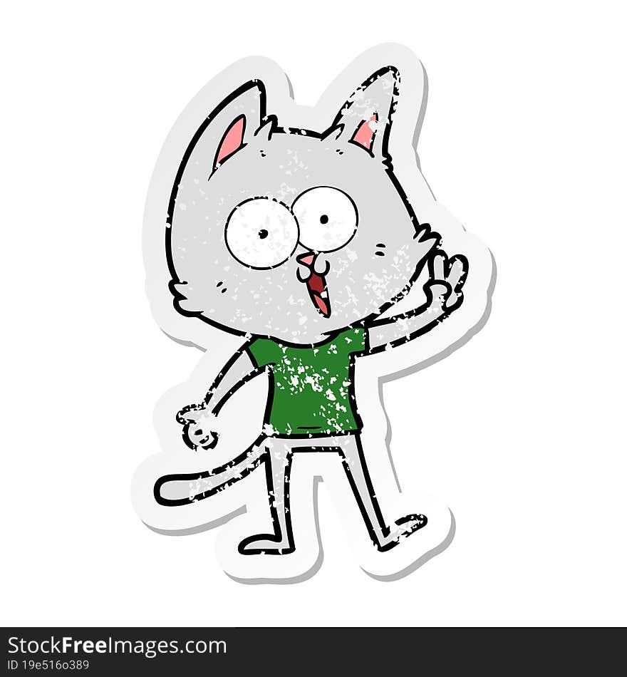 distressed sticker of a funny cartoon cat giving peace sign